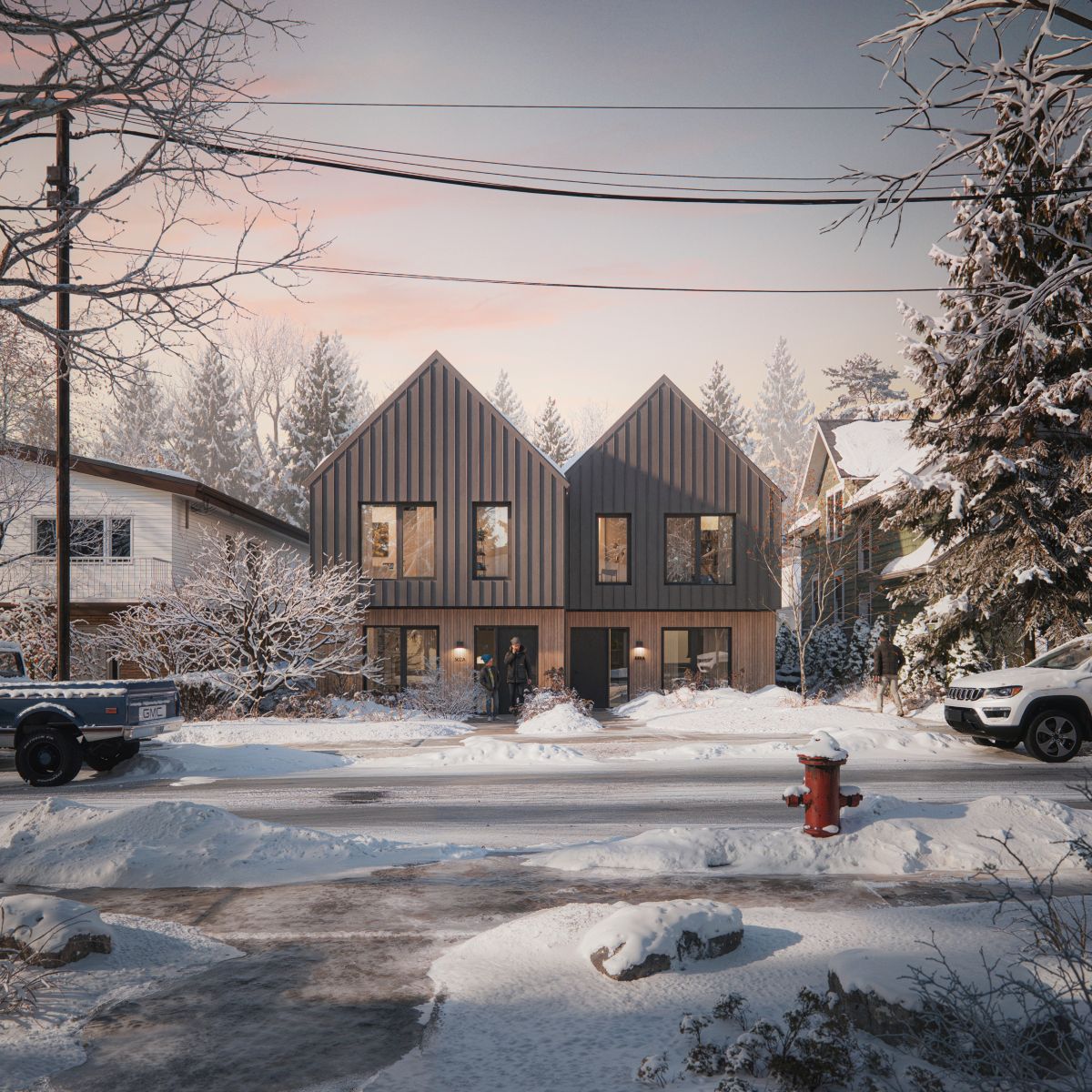 Rendu 3D d’un immeuble de maisons en rangée à la conception contemporaine et doté de toits à pignon à forte pente, de bardage métallique vertical et de touches de bois sur la partie inférieure. 